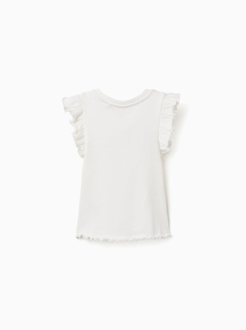 Camiseta acanalada de algodón con volantes y flores Blanco - Kiabi