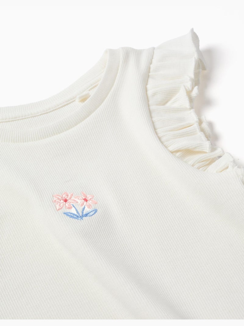 Camiseta acanalada de algodón con volantes y flores Blanco - Kiabi