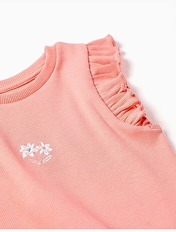 Camiseta acanalada de algodón con volantes y flores