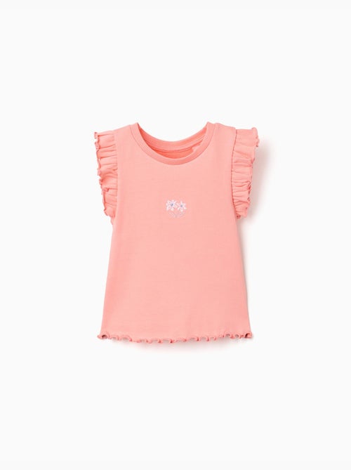 Camiseta acanalada de algodón con volantes y flores - Kiabi