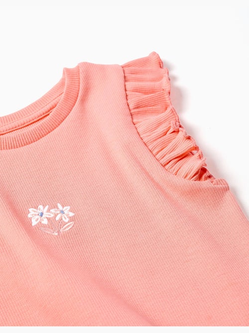Camiseta acanalada de algodón con volantes y flores - Kiabi