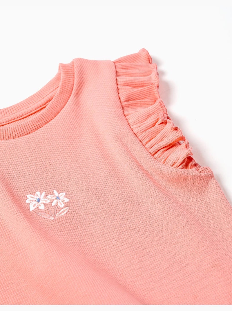 Camiseta acanalada de algodón con volantes y flores Naranja coral - Kiabi