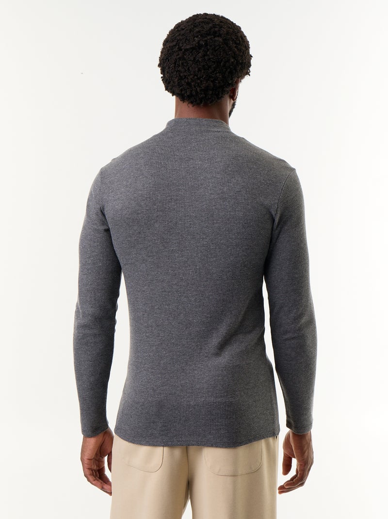 Camiseta acanalada de cuello alto y manga larga Gris - Kiabi