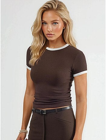 Camiseta acanalada de manga corta con cuello redondo busem