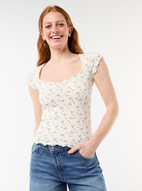 Camiseta acanalada de manga corta con mangas con volantes - Kiabi