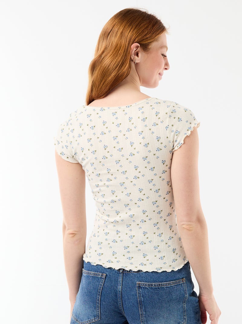 Camiseta acanalada de manga corta con mangas con volantes Blanco - Kiabi