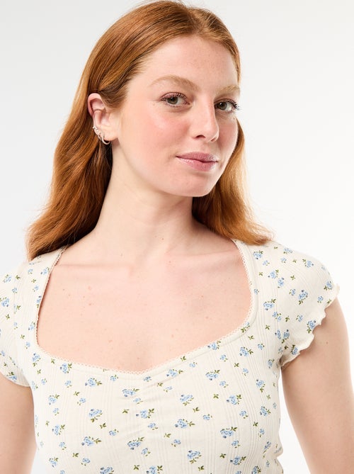 Camiseta acanalada de manga corta con mangas con volantes - Kiabi