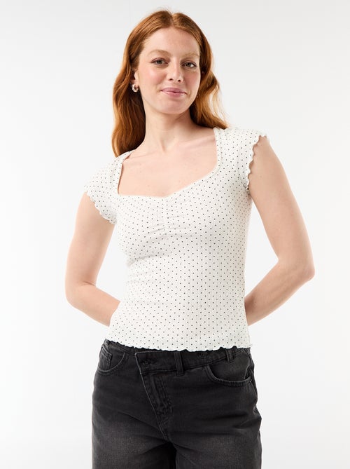 Camiseta acanalada de manga corta con mangas con volantes - Kiabi