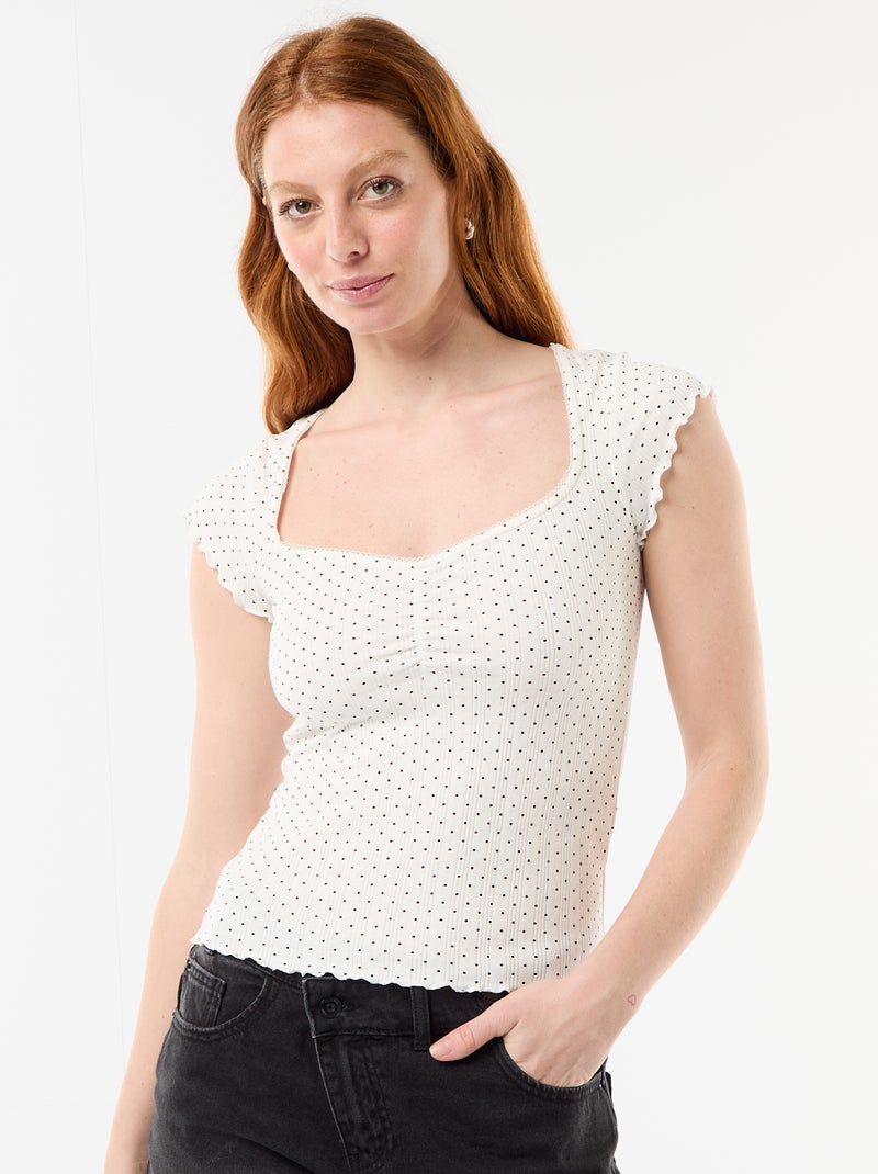 Camiseta acanalada de manga corta con mangas con volantes Blanco - Kiabi