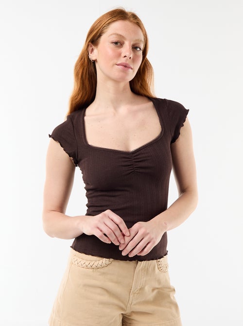 Camiseta acanalada de manga corta con mangas con volantes - Kiabi