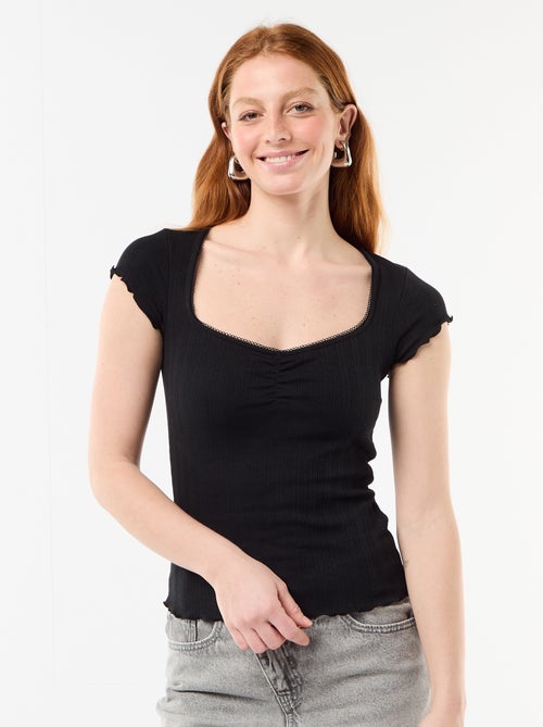 Camiseta acanalada de manga corta con mangas con volantes - Kiabi