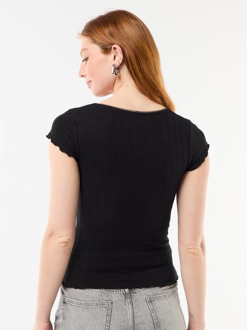 Camiseta acanalada de manga corta con mangas con volantes - Kiabi