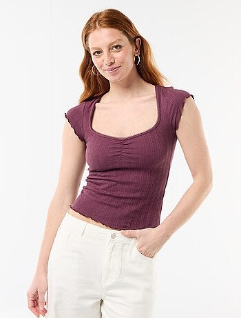 Camiseta acanalada de manga corta con mangas con volantes