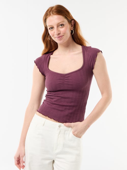 Camiseta acanalada de manga corta con mangas con volantes - Kiabi