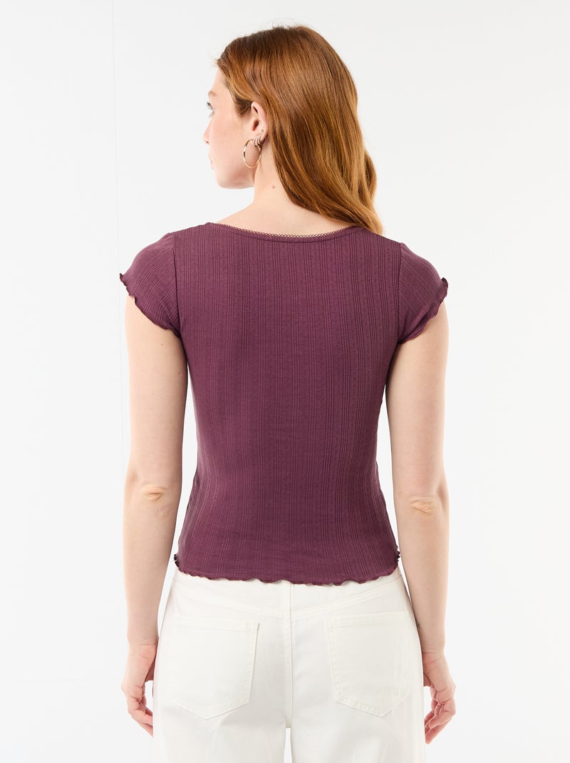 Camiseta acanalada de manga corta con mangas con volantes Purpura - Kiabi