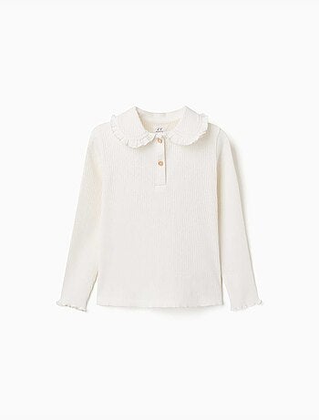 Camiseta acanalada de manga larga con cuello con volantes