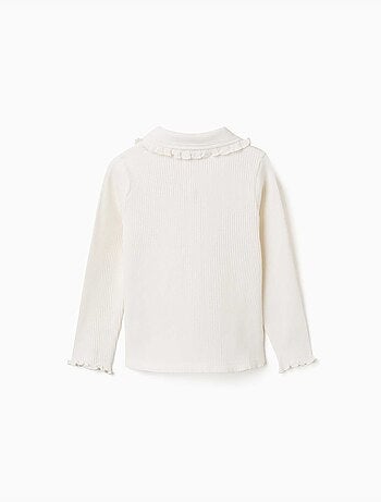 Camiseta acanalada de manga larga con cuello con volantes