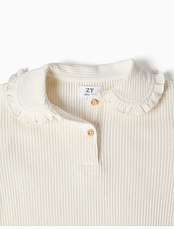 Camiseta acanalada de manga larga con cuello con volantes