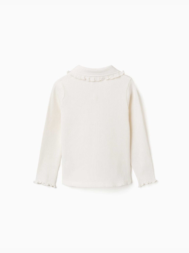 Camiseta acanalada de manga larga con cuello con volantes Blanco - Kiabi