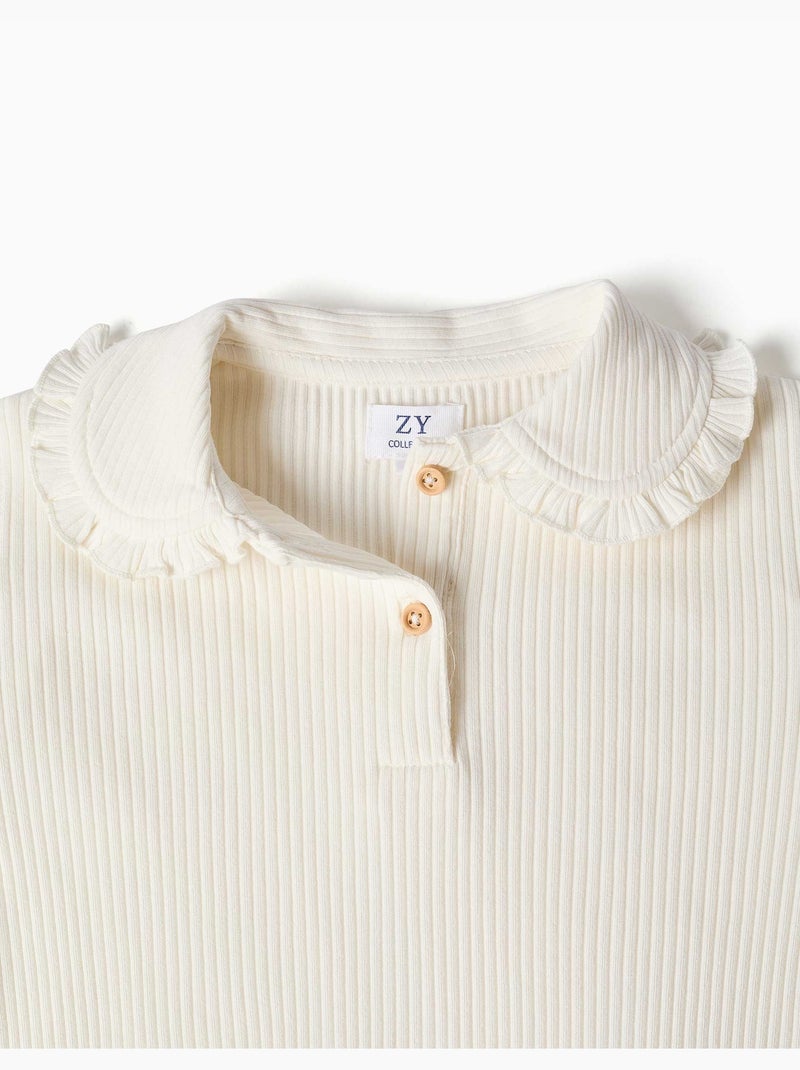 Camiseta acanalada de manga larga con cuello con volantes Blanco - Kiabi
