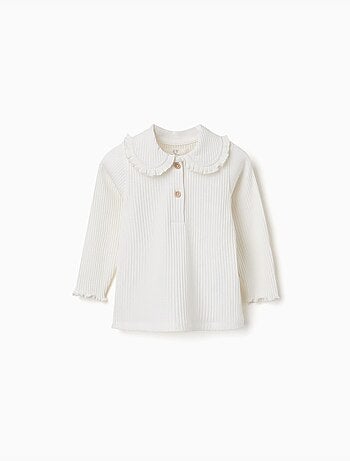 Camiseta acanalada de manga larga con cuello con volantes