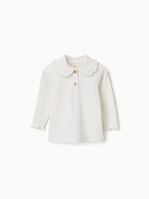 Camiseta acanalada de manga larga con cuello con volantes - Kiabi