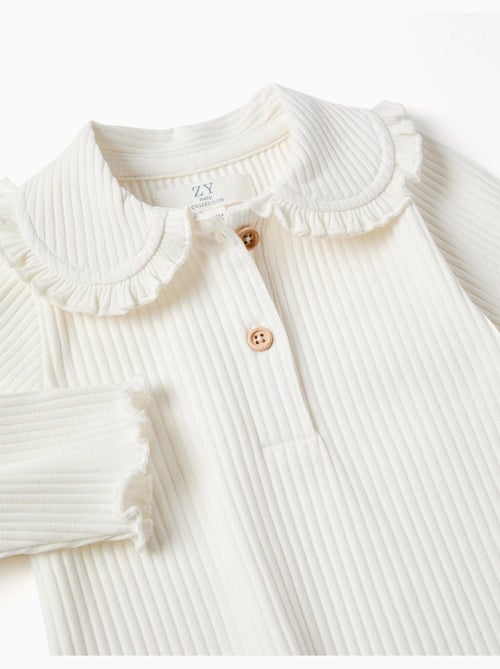 Camiseta acanalada de manga larga con cuello con volantes - Kiabi
