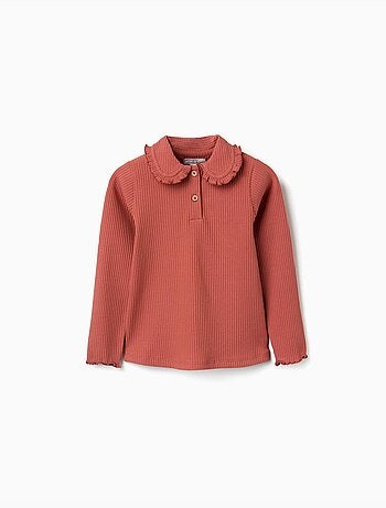Camiseta acanalada de manga larga con cuello con volantes