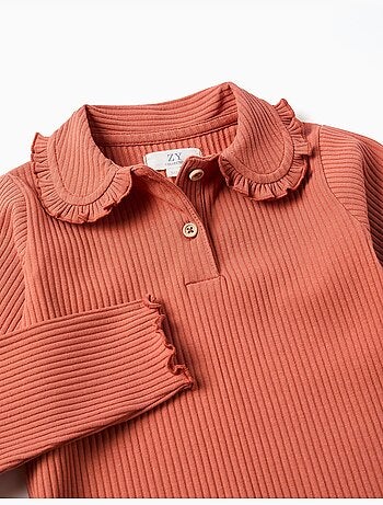 Camiseta acanalada de manga larga con cuello con volantes