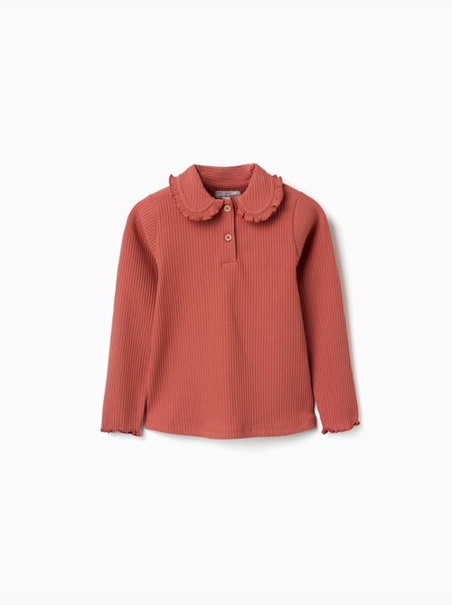 Camiseta acanalada de manga larga con cuello con volantes - Kiabi