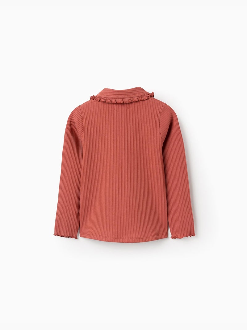Camiseta acanalada de manga larga con cuello con volantes Marrón - Kiabi