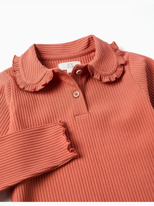 Camiseta acanalada de manga larga con cuello con volantes - Kiabi