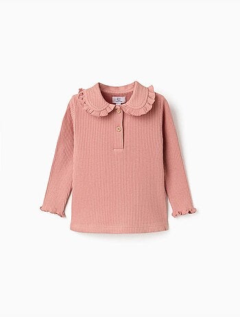 Camiseta acanalada de manga larga con cuello con volantes
