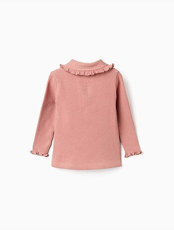 Camiseta acanalada de manga larga con cuello con volantes