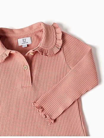 Camiseta acanalada de manga larga con cuello con volantes