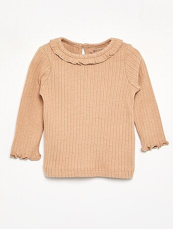 Camiseta acanalada de manga y cuello con volantes