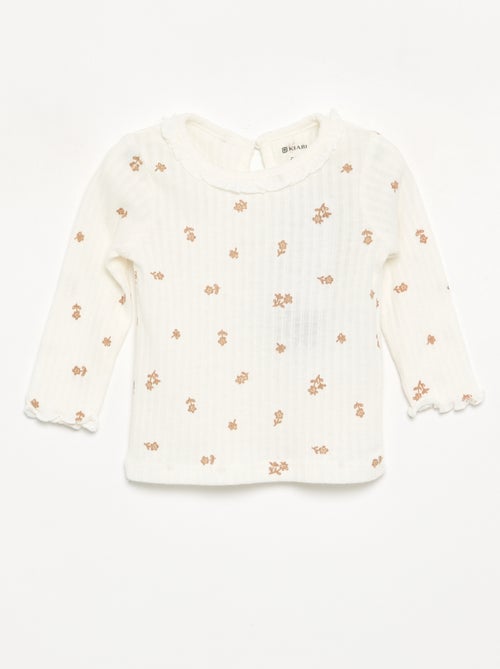 Camiseta acanalada de manga y cuello con volantes - Kiabi