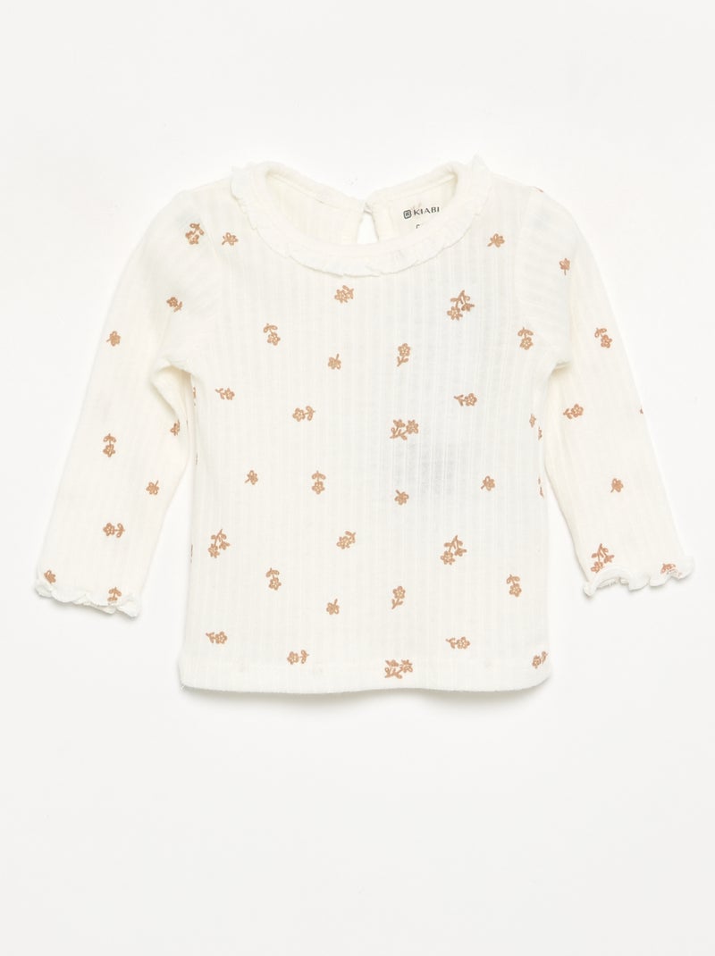 Camiseta acanalada de manga y cuello con volantes Beige - Kiabi