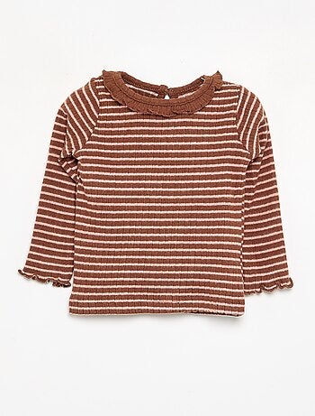 Camiseta acanalada de manga y cuello con volantes