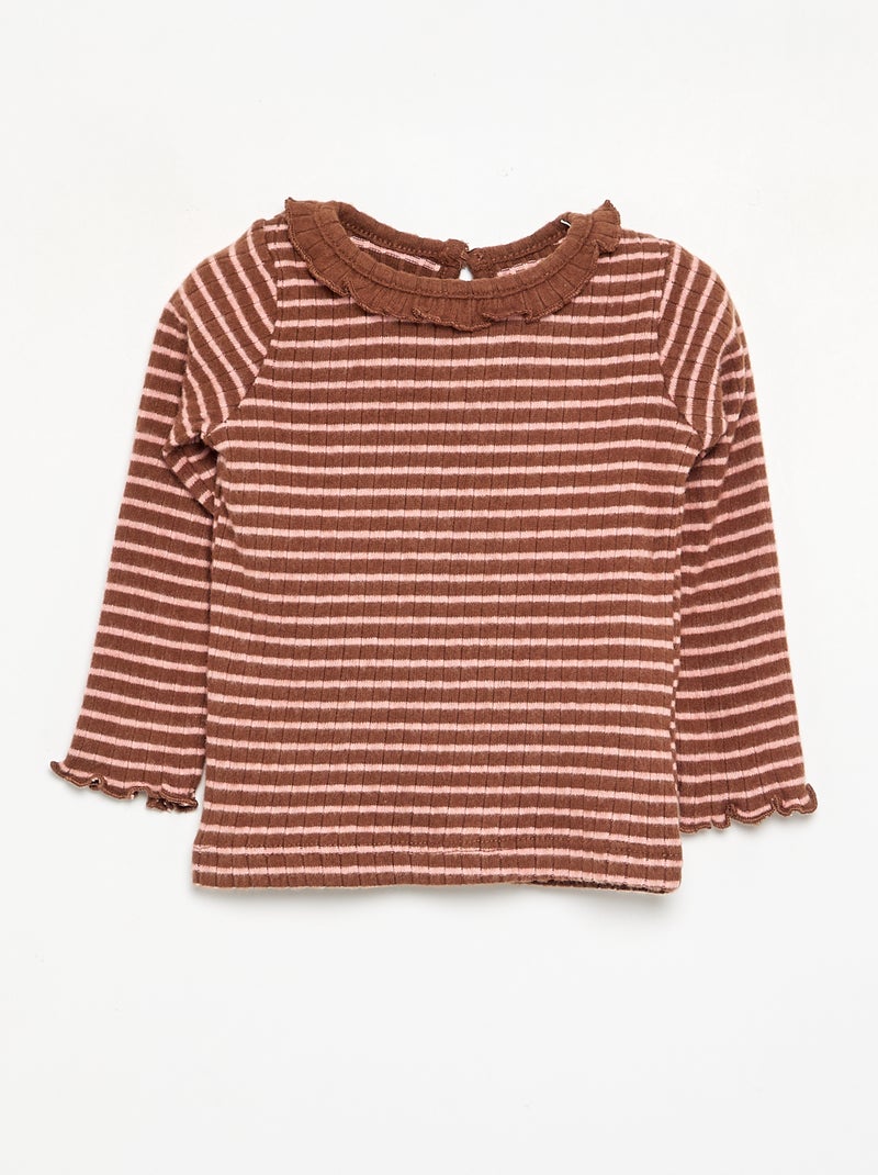 Camiseta acanalada de manga y cuello con volantes Marron - Kiabi