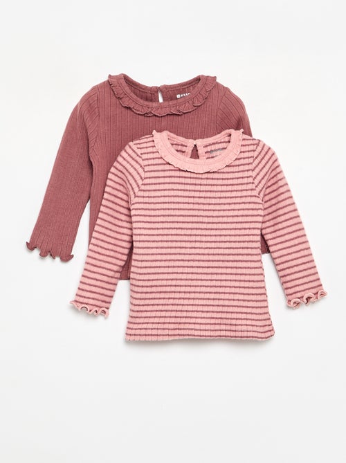 Camiseta acanalada de manga y cuello con volantes - Kiabi