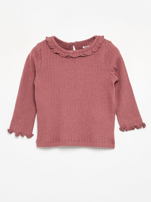 Camiseta acanalada de manga y cuello con volantes - Kiabi