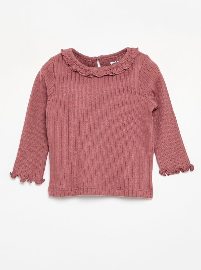 Camiseta acanalada de manga y cuello con volantes Rosa - Kiabi
