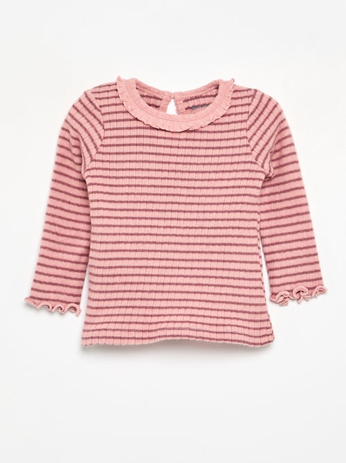 Camiseta acanalada de manga y cuello con volantes - Kiabi