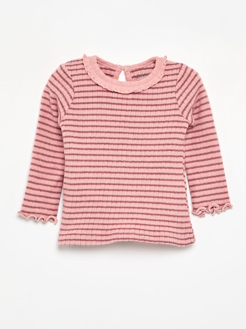 Camiseta acanalada de manga y cuello con volantes Rosa - Kiabi