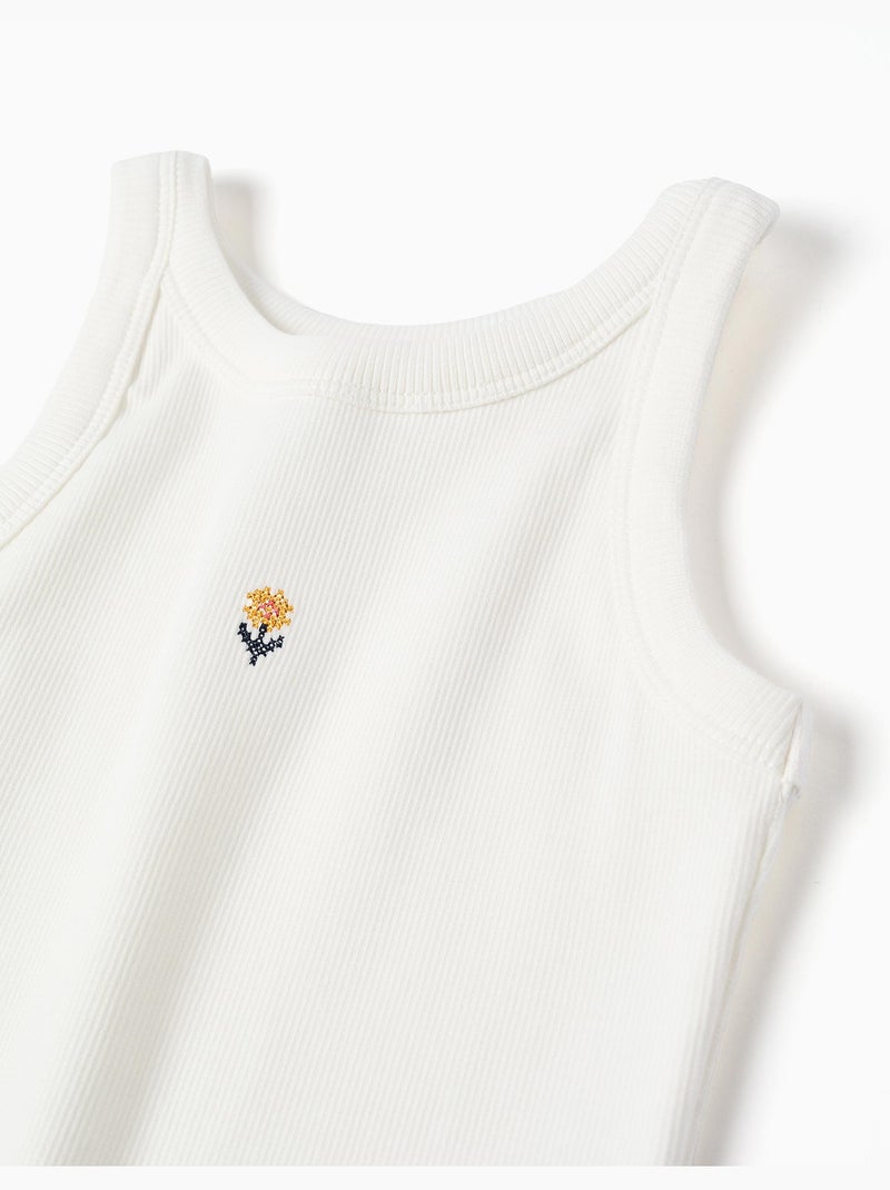 Camiseta acanalada sin mangas con flor bordada Beige claro - Kiabi
