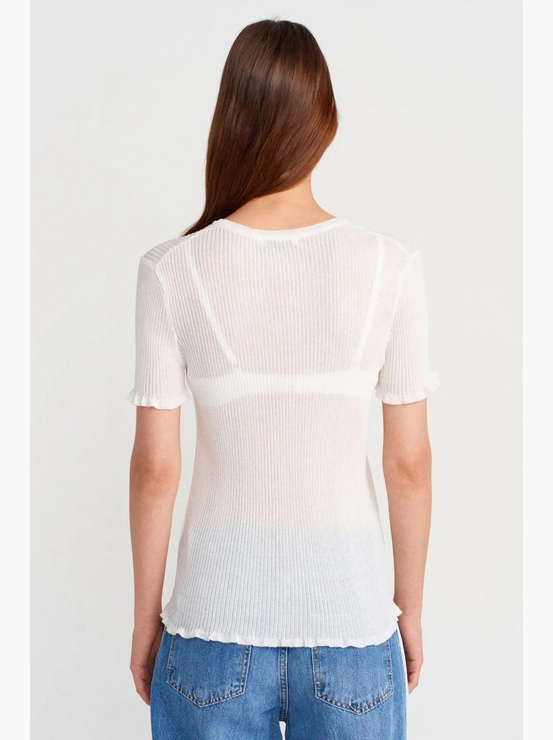 Camiseta ajustada canalé con volante manga corta dilvin Blanco - Kiabi