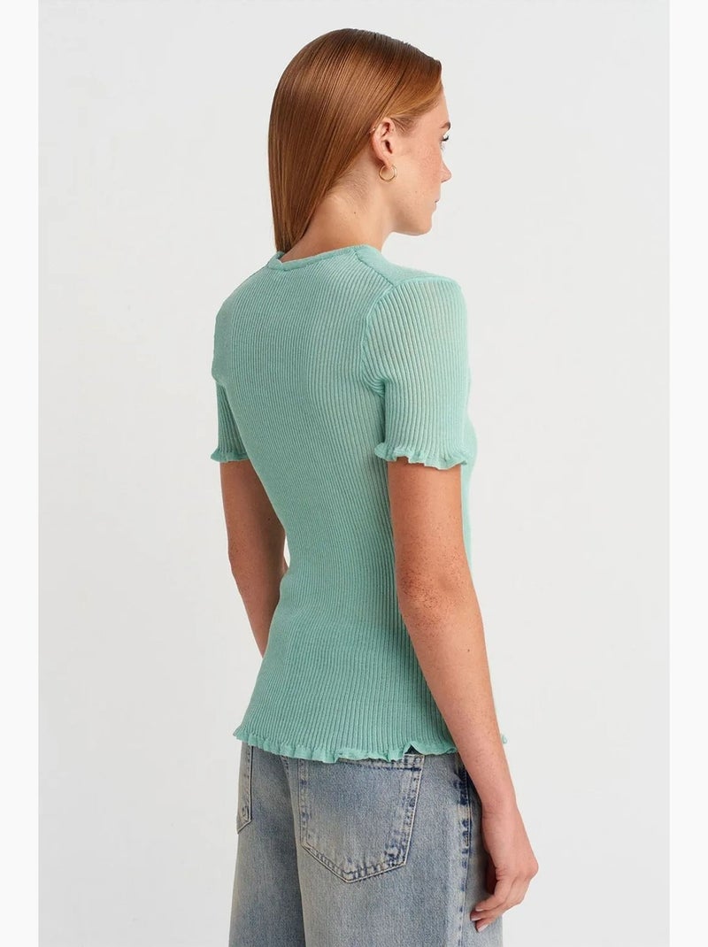 Camiseta ajustada canalé con volante manga corta dilvin Verde menta - Kiabi