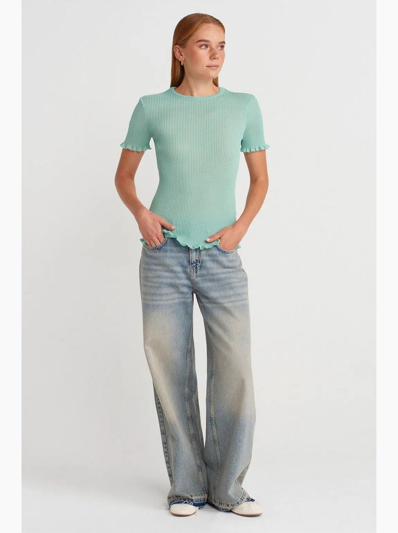 Camiseta ajustada canalé con volante manga corta dilvin Verde menta - Kiabi