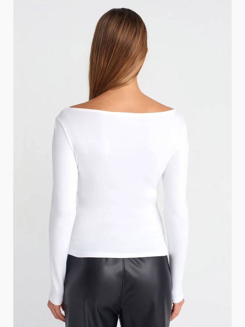 Camiseta ajustada canalé cuello barco manga larga dilvin Blanco - Kiabi